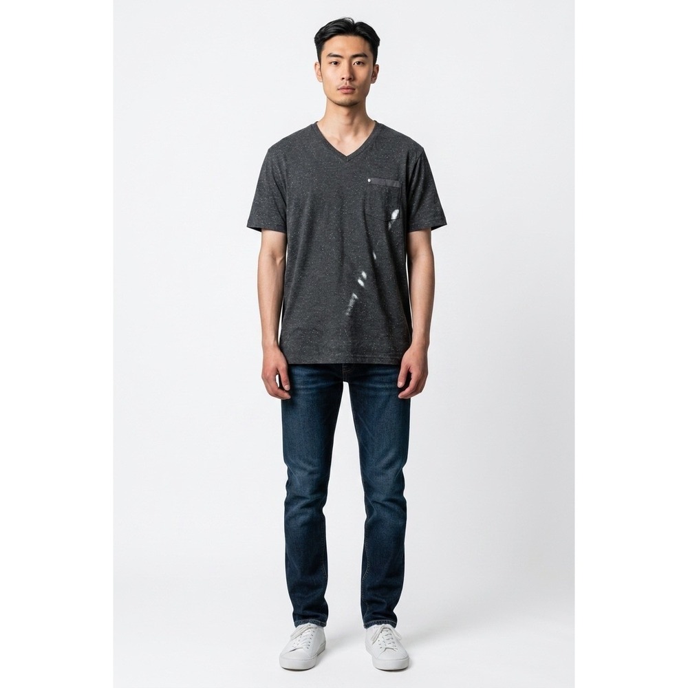 Kenneth Cole Reaction Mens V-Neck T-Shirt Charcoal Gray Speckle Pocket Large